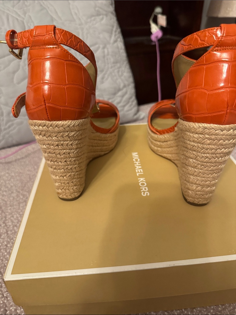 Michael Kors Croc-Embossed Orange Wedge Sandals - Picture 3 of 5